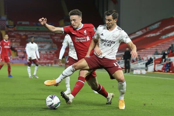 LIVERPOOL, ENGLAND - Thursday, October 1, 2020: Liverpool's Diogo Jota (L) is tackled by Arsenal's Cédric Soares during the Football League Cup 4th Round match between Liverpool FC and Arsenal FC at Anfield. Arsenal won 5-4 on penalties after a goal-less draw. (Pic by Propaganda)