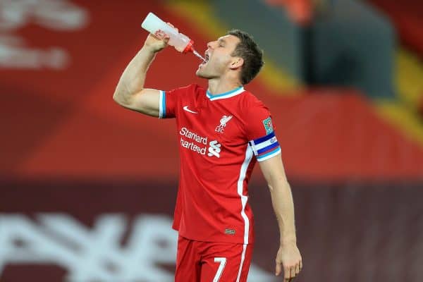 LIVERPOOL, ENGLAND - Thursday, October 1, 2020: Liverpool's captain James Milner drinks water from a plastic bottle during the Football League Cup 4th Round match between Liverpool FC and Arsenal FC at Anfield. Arsenal won 5-4 on penalties after a goal-less draw. (Pic by Propaganda)