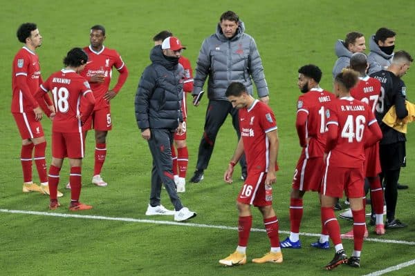 LIVERPOOL, ENGLAND - Thursday, October 1, 2020: Liverpool's manager Jürgen Klopp speaks with his players before a penalty shoot-out during the Football League Cup 4th Round match between Liverpool FC and Arsenal FC at Anfield. Arsenal won 5-4 on penalties after a goal-less draw. (Pic by Propaganda)