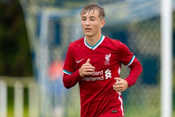 BLACKBURN, ENGLAND - Saturday, October 3, 2020: Liverpool's Max Woltman during the Under-18 FA Premier League match between Blackburn Rovers FC Under-18's and Liverpool FC Under-18's at Brockhall Village Training Ground. Liverpool won 3-0. (Pic by David Rawcliffe/Propaganda)