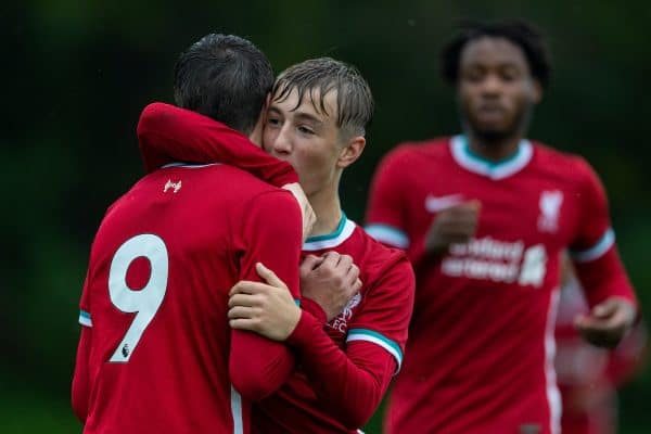 BLACKBURN, ENGLAND - Saturday, October 3, 2020: Liverpool's Layton Stewart (L) celebrates with team-mate Max Woltman (R) after scoring the first goal during the Under-18 FA Premier League match between Blackburn Rovers FC Under-18's and Liverpool FC Under-18's at Brockhall Village Training Ground. Liverpool won 3-0. (Pic by David Rawcliffe/Propaganda)