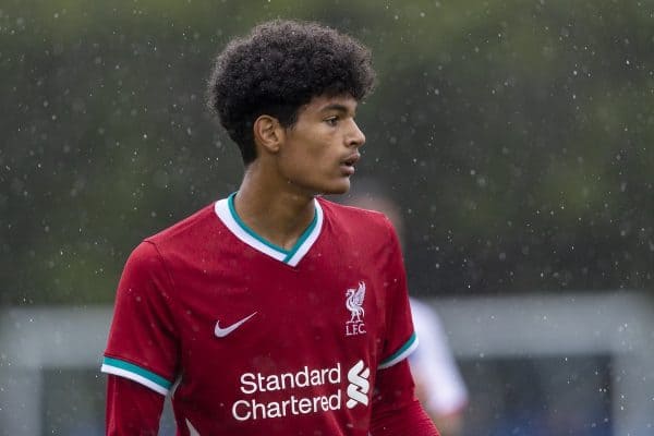 BLACKBURN, ENGLAND - Saturday, October 3, 2020: Liverpool's Jarell Quansah during the Under-18 FA Premier League match between Blackburn Rovers FC Under-18's and Liverpool FC Under-18's at Brockhall Village Training Ground. Liverpool won 3-0. (Pic by David Rawcliffe/Propaganda)