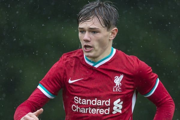 BLACKBURN, ENGLAND - Saturday, October 3, 2020: Liverpool's substitute Ethan Ennis during the Under-18 FA Premier League match between Blackburn Rovers FC Under-18's and Liverpool FC Under-18's at Brockhall Village Training Ground. Liverpool won 3-0. (Pic by David Rawcliffe/Propaganda)