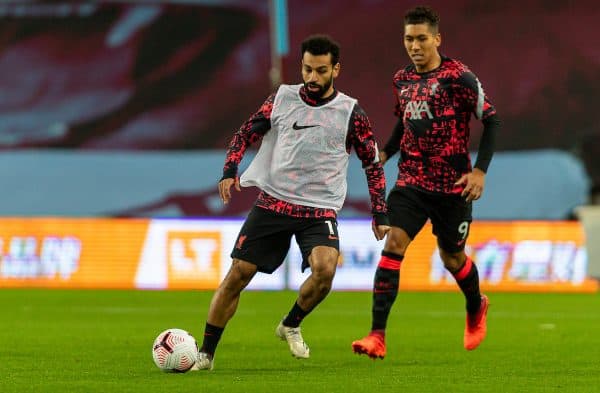 BIRMINGHAM, ENGLAND - Sunday, October 4, 2020: Liverpool’s Mohamed Salah (L) and Roberto Firmino during the pre-match warm-up before the FA Premier League match between Aston Villa FC and Liverpool FC at Villa Park. The game was played behind closed doors due to the UK government’s social distancing laws during the Coronavirus COVID-19 Pandemic. Aston Villa won 7-2. (Pic by David Rawcliffe/Propaganda)