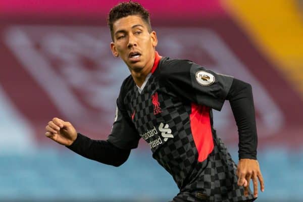 BIRMINGHAM, ENGLAND - Sunday, October 4, 2020: Liverpool’s Roberto Firmino during the FA Premier League match between Aston Villa FC and Liverpool FC at Villa Park. The game was played behind closed doors due to the UK government’s social distancing laws during the Coronavirus COVID-19 Pandemic. Aston Villa won 7-2. (Pic by David Rawcliffe/Propaganda)