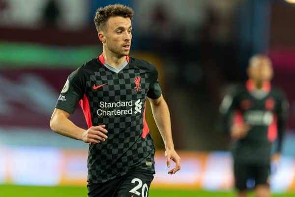 BIRMINGHAM, ENGLAND - Sunday, October 4, 2020: Liverpool’s Diogo Jota during the FA Premier League match between Aston Villa FC and Liverpool FC at Villa Park. The game was played behind closed doors due to the UK government’s social distancing laws during the Coronavirus COVID-19 Pandemic. Aston Villa won 7-2. (Pic by David Rawcliffe/Propaganda)