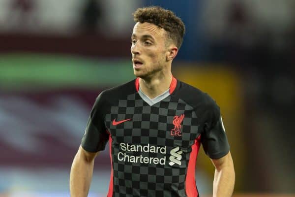 BIRMINGHAM, ENGLAND - Sunday, October 4, 2020: Liverpool’s Diogo Jota during the FA Premier League match between Aston Villa FC and Liverpool FC at Villa Park. The game was played behind closed doors due to the UK government’s social distancing laws during the Coronavirus COVID-19 Pandemic. Aston Villa won 7-2. (Pic by David Rawcliffe/Propaganda)