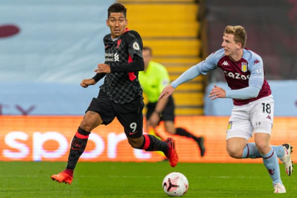 BIRMINGHAM, ENGLAND - Sunday, October 4, 2020: Liverpool’s Roberto Firmino (L) and Aston Villa's Matt Targett during the FA Premier League match between Aston Villa FC and Liverpool FC at Villa Park. The game was played behind closed doors due to the UK government’s social distancing laws during the Coronavirus COVID-19 Pandemic. Aston Villa won 7-2. (Pic by David Rawcliffe/Propaganda)