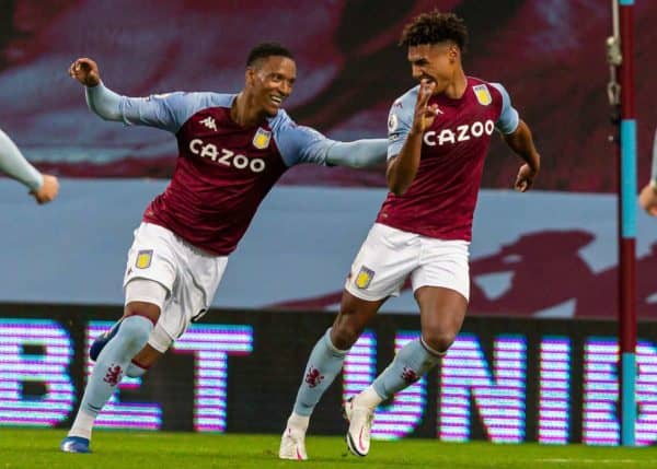 BIRMINGHAM, ENGLAND - Sunday, October 4, 2020: Aston Villa's Ollie Watkins (R) celebrates with team-mate Ezri Konsa Ngoyo (L) after scoring the fourth goal, completing his hat-trick and making the score 4-1, during the FA Premier League match between Aston Villa FC and Liverpool FC at Villa Park. The game was played behind closed doors due to the UK government’s social distancing laws during the Coronavirus COVID-19 Pandemic. Aston Villa won 7-2. (Pic by David Rawcliffe/Propaganda)