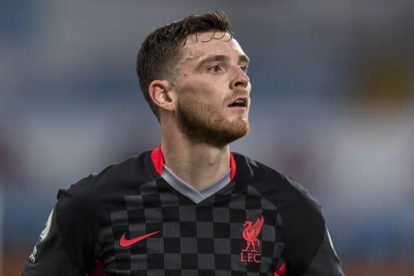 BIRMINGHAM, ENGLAND - Sunday, October 4, 2020: Liverpool’s Andy Robertson during the FA Premier League match between Aston Villa FC and Liverpool FC at Villa Park. The game was played behind closed doors due to the UK government’s social distancing laws during the Coronavirus COVID-19 Pandemic. Aston Villa won 7-2. (Pic by David Rawcliffe/Propaganda)