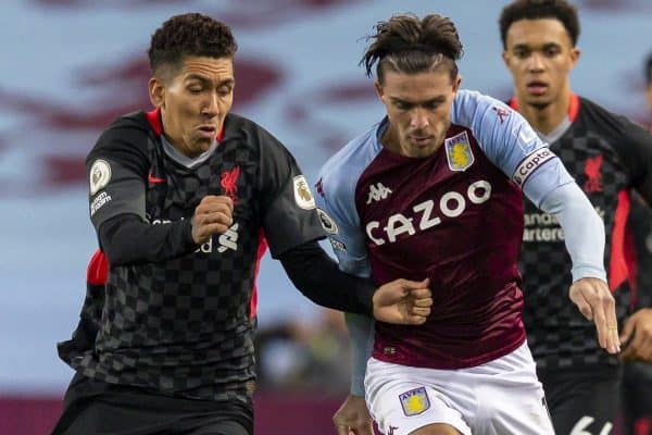 BIRMINGHAM, ENGLAND - Sunday, October 4, 2020: Liverpool’s Roberto Firmino (L) challenges Aston Villa's captain Jack Grealish during the FA Premier League match between Aston Villa FC and Liverpool FC at Villa Park. The game was played behind closed doors due to the UK government’s social distancing laws during the Coronavirus COVID-19 Pandemic. Aston Villa won 7-2. (Pic by David Rawcliffe/Propaganda)