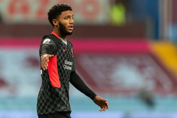 BIRMINGHAM, ENGLAND - Sunday, October 4, 2020: Liverpool’s Joe Gomez during the FA Premier League match between Aston Villa FC and Liverpool FC at Villa Park. The game was played behind closed doors due to the UK government’s social distancing laws during the Coronavirus COVID-19 Pandemic. Aston Villa won 7-2. (Pic by David Rawcliffe/Propaganda)