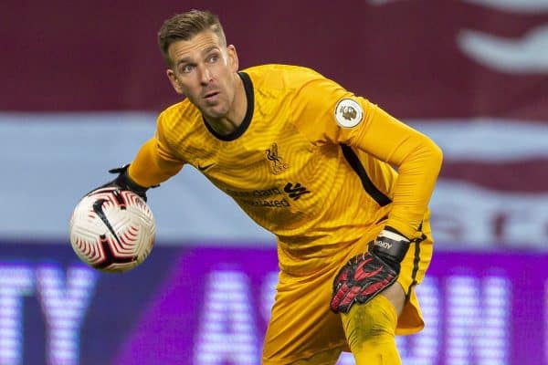 BIRMINGHAM, ENGLAND - Sunday, October 4, 2020: Liverpool’s goalkeeper Adrián San Miguel del Castillo during the FA Premier League match between Aston Villa FC and Liverpool FC at Villa Park. The game was played behind closed doors due to the UK government’s social distancing laws during the Coronavirus COVID-19 Pandemic. Aston Villa won 7-2. (Pic by David Rawcliffe/Propaganda)