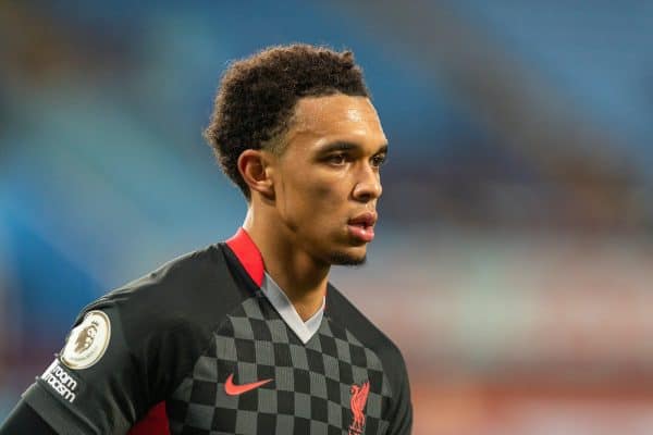 BIRMINGHAM, ENGLAND - Sunday, October 4, 2020: Liverpool’s Trent Alexander-Arnold during the FA Premier League match between Aston Villa FC and Liverpool FC at Villa Park. The game was played behind closed doors due to the UK government’s social distancing laws during the Coronavirus COVID-19 Pandemic. Aston Villa won 7-2. (Pic by David Rawcliffe/Propaganda)