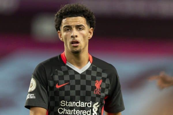 BIRMINGHAM, ENGLAND - Sunday, October 4, 2020: Liverpool’s Curtis Jones during the FA Premier League match between Aston Villa FC and Liverpool FC at Villa Park. The game was played behind closed doors due to the UK government’s social distancing laws during the Coronavirus COVID-19 Pandemic. Aston Villa won 7-2. (Pic by David Rawcliffe/Propaganda)