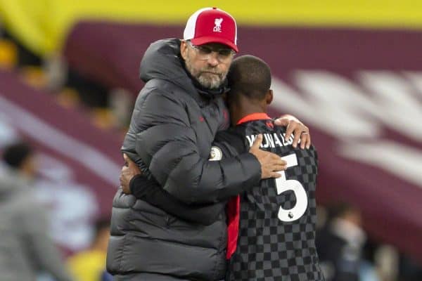 BIRMINGHAM, ENGLAND - Sunday, October 4, 2020: Liverpool’s manager Jürgen Klopp embraces Georginio Wijnaldum after the FA Premier League match between Aston Villa FC and Liverpool FC at Villa Park. The game was played behind closed doors due to the UK government’s social distancing laws during the Coronavirus COVID-19 Pandemic. Aston Villa won 7-2. (Pic by David Rawcliffe/Propaganda)