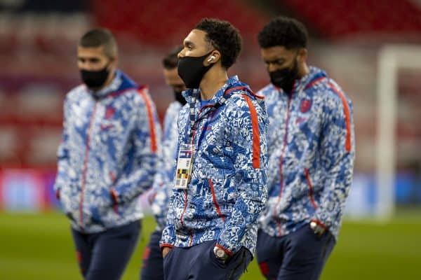 LONDON, ENGLAND - Thursday, October 8, 2020: England's Trent Alexander-Arnold, wearing a face mask, before the International Friendly match between England and Wales at Wembley Stadium. The game was played behind closed doors due to the UK Government’s social distancing laws prohibiting supporters from attending events inside stadiums as a result of the Coronavirus Pandemic. England won 3-0. (Pic by David Rawcliffe/Propaganda)