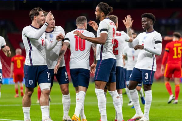 LONDON, ENGLAND - Thursday, October 8, 2020: England's Dominic Calvert-Lewin (R) celebrates with team-mate Jack Grealish after scoring the first goal during the International Friendly match between England and Wales at Wembley Stadium. The game was played behind closed doors due to the UK Government’s social distancing laws prohibiting supporters from attending events inside stadiums as a result of the Coronavirus Pandemic. England won 3-0. (Pic by David Rawcliffe/Propaganda)