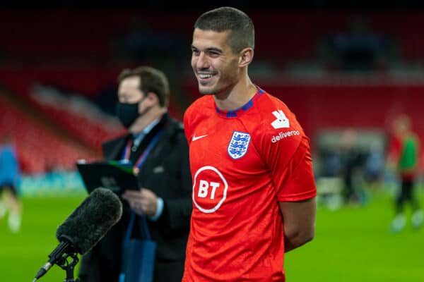 LONDON, ENGLAND - Thursday, October 8, 2020: England's goal-scorer Conor Coady is interviewed after the International Friendly match between England and Wales at Wembley Stadium. The game was played behind closed doors due to the UK Government’s social distancing laws prohibiting supporters from attending events inside stadiums as a result of the Coronavirus Pandemic. England won 3-0. (Pic by David Rawcliffe/Propaganda)