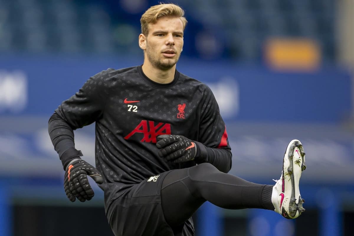 LIVERPOOL, ENGLAND - Saturday, October 17, 2020: Liverpool’s goalkeeper Jaros Vitezslav during the pre-match warm-up before the FA Premier League match between Everton FC and Liverpool FC, the 237th Merseyside Derby, at Goodison Park. The game was played behind closed doors due to the UK government’s social distancing laws during the Coronavirus COVID-19 Pandemic. The game ended in a 2-2 draw. (Pic by David Rawcliffe/Propaganda)