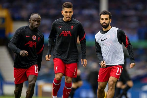 LIVERPOOL, ENGLAND - Saturday, October 17, 2020: Liverpool’s Sadio Mané, Roberto Firmino and Mohamed Salah during the pre-match warm-up before the FA Premier League match between Everton FC and Liverpool FC, the 237th Merseyside Derby, at Goodison Park. The game was played behind closed doors due to the UK government’s social distancing laws during the Coronavirus COVID-19 Pandemic. The game ended in a 2-2 draw. (Pic by David Rawcliffe/Propaganda)