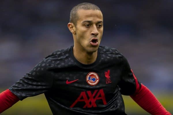 LIVERPOOL, ENGLAND - Saturday, October 17, 2020: Liverpool’s Thiago Alcantara during the pre-match warm-up before the FA Premier League match between Everton FC and Liverpool FC, the 237th Merseyside Derby, at Goodison Park. The game was played behind closed doors due to the UK government’s social distancing laws during the Coronavirus COVID-19 Pandemic. The game ended in a 2-2 draw. (Pic by David Rawcliffe/Propaganda)