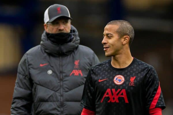 LIVERPOOL, ENGLAND - Saturday, October 17, 2020: Liverpool’s Thiago Alcantara (C) , Roberto Firmino (R) and manager Jürgen Klopp (L) during the pre-match warm-up before the FA Premier League match between Everton FC and Liverpool FC, the 237th Merseyside Derby, at Goodison Park. The game was played behind closed doors due to the UK government’s social distancing laws during the Coronavirus COVID-19 Pandemic. The game ended in a 2-2 draw. (Pic by David Rawcliffe/Propaganda)