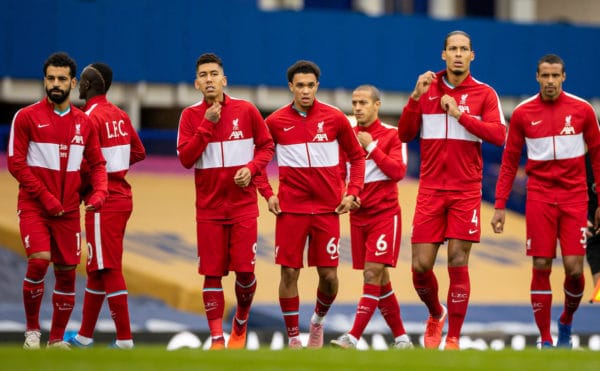 LIVERPOOL, ENGLAND - Saturday, October 17, 2020: Liverpool players wearing warm-up jackets line-up before the FA Premier League match between Everton FC and Liverpool FC, the 237th Merseyside Derby, at Goodison Park. The game was played behind closed doors due to the UK government’s social distancing laws during the Coronavirus COVID-19 Pandemic. The game ended in a 2-2 draw. (Pic by David Rawcliffe/Propaganda)