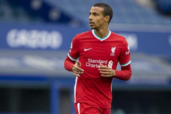 LIVERPOOL, ENGLAND - Saturday, October 17, 2020: Liverpool’s Joel Matip during the FA Premier League match between Everton FC and Liverpool FC, the 237th Merseyside Derby, at Goodison Park. The game was played behind closed doors due to the UK government’s social distancing laws during the Coronavirus COVID-19 Pandemic. The game ended in a 2-2 draw. (Pic by David Rawcliffe/Propaganda)