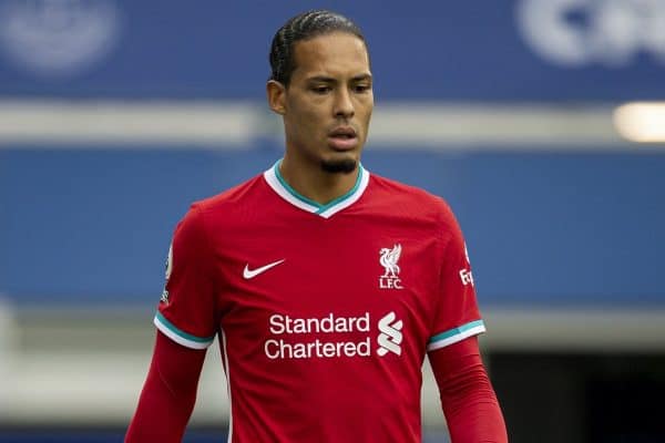 LIVERPOOL, ENGLAND - Saturday, October 17, 2020: Liverpool’s Virgil van Dijk walks off injured during the FA Premier League match between Everton FC and Liverpool FC, the 237th Merseyside Derby, at Goodison Park. The game was played behind closed doors due to the UK government’s social distancing laws during the Coronavirus COVID-19 Pandemic. The game ended in a 2-2 draw. (Pic by David Rawcliffe/Propaganda)