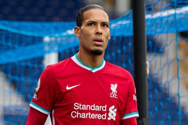 LIVERPOOL, ENGLAND - Saturday, October 17, 2020: Liverpool’s Virgil van Dijk walks off injured during the FA Premier League match between Everton FC and Liverpool FC, the 237th Merseyside Derby, at Goodison Park. The game was played behind closed doors due to the UK government’s social distancing laws during the Coronavirus COVID-19 Pandemic. The game ended in a 2-2 draw. (Pic by David Rawcliffe/Propaganda)