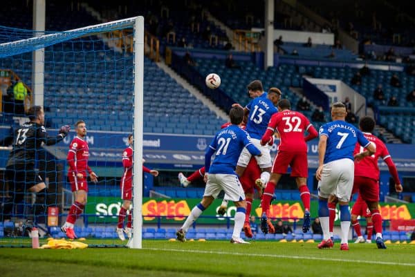 LIVERPOOL, ENGLAND - Saturday, October 17, 2020: Everton's Michael Keane scores the first equalising goal to make the score 1-1 during the FA Premier League match between Everton FC and Liverpool FC, the 237th Merseyside Derby, at Goodison Park. The game was played behind closed doors due to the UK government’s social distancing laws during the Coronavirus COVID-19 Pandemic. The game ended in a 2-2 draw. (Pic by David Rawcliffe/Propaganda)
