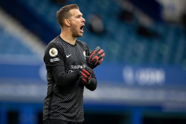 LIVERPOOL, ENGLAND - Saturday, October 17, 2020: Liverpool’s goalkeeper Adrián San Miguel del Castillo during the FA Premier League match between Everton FC and Liverpool FC, the 237th Merseyside Derby, at Goodison Park. The game was played behind closed doors due to the UK government’s social distancing laws during the Coronavirus COVID-19 Pandemic. The game ended in a 2-2 draw. (Pic by David Rawcliffe/Propaganda)