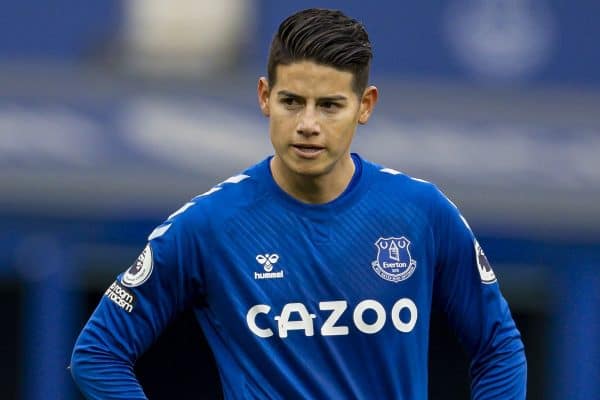 LIVERPOOL, ENGLAND - Saturday, October 17, 2020: Everton's James Rodríguez during the FA Premier League match between Everton FC and Liverpool FC, the 237th Merseyside Derby, at Goodison Park. The game was played behind closed doors due to the UK government’s social distancing laws during the Coronavirus COVID-19 Pandemic. The game ended in a 2-2 draw. (Pic by David Rawcliffe/Propaganda)