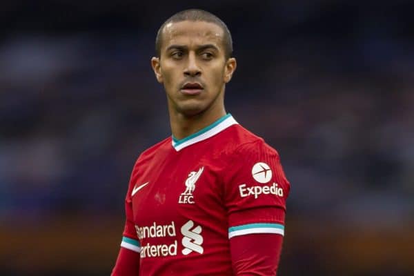 LIVERPOOL, ENGLAND - Saturday, October 17, 2020: Liverpool’s Thiago Alcantara during the FA Premier League match between Everton FC and Liverpool FC, the 237th Merseyside Derby, at Goodison Park. The game was played behind closed doors due to the UK government’s social distancing laws during the Coronavirus COVID-19 Pandemic. The game ended in a 2-2 draw. (Pic by David Rawcliffe/Propaganda)