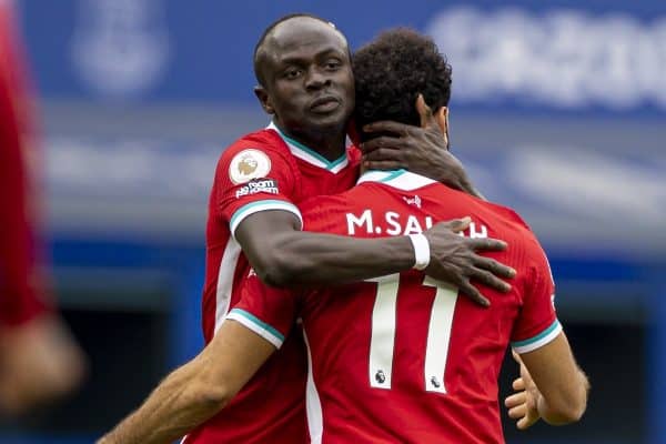 LIVERPOOL, ENGLAND - Saturday, October 17, 2020: Liverpool’s Mohamed Salah (R) celebrates after scoring the second goal with team-mate Sadio Mané (L) during the FA Premier League match between Everton FC and Liverpool FC, the 237th Merseyside Derby, at Goodison Park. The game was played behind closed doors due to the UK government’s social distancing laws during the Coronavirus COVID-19 Pandemic. The game ended in a 2-2 draw. (Pic by David Rawcliffe/Propaganda)