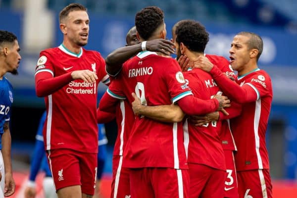 LIVERPOOL, ENGLAND - Saturday, October 17, 2020: Liverpool’s Mohamed Salah celebrates with team-mates after scoring the second goal during the FA Premier League match between Everton FC and Liverpool FC, the 237th Merseyside Derby, at Goodison Park. The game was played behind closed doors due to the UK government’s social distancing laws during the Coronavirus COVID-19 Pandemic. The game ended in a 2-2 draw. (Pic by David Rawcliffe/Propaganda)