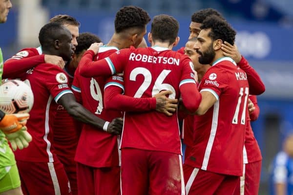 LIVERPOOL, ENGLAND - Saturday, October 17, 2020: Liverpool’s Mohamed Salah (R) celebrates with team-mates after scoring the second goal during the FA Premier League match between Everton FC and Liverpool FC, the 237th Merseyside Derby, at Goodison Park. The game was played behind closed doors due to the UK government’s social distancing laws during the Coronavirus COVID-19 Pandemic. The game ended in a 2-2 draw. (Pic by David Rawcliffe/Propaganda)