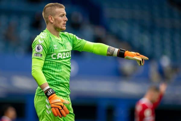 LIVERPOOL, ENGLAND - Saturday, October 17, 2020: Everton's goalkeeper Jordan Pickford during the FA Premier League match between Everton FC and Liverpool FC, the 237th Merseyside Derby, at Goodison Park. The game was played behind closed doors due to the UK government’s social distancing laws during the Coronavirus COVID-19 Pandemic. The game ended in a 2-2 draw. (Pic by David Rawcliffe/Propaganda)