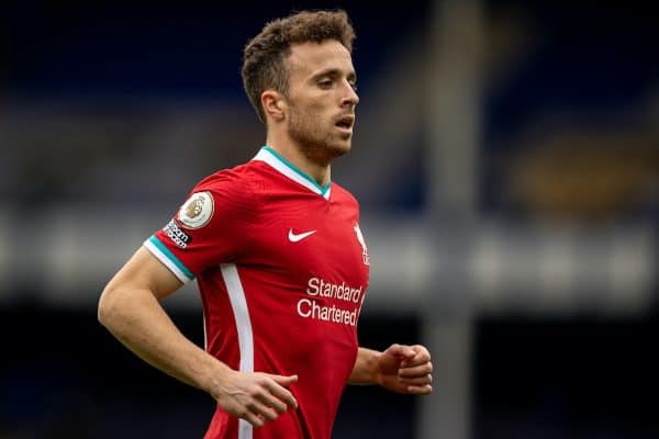 LIVERPOOL, ENGLAND - Saturday, October 17, 2020: Liverpool’s Diogo Jota during the FA Premier League match between Everton FC and Liverpool FC, the 237th Merseyside Derby, at Goodison Park. The game was played behind closed doors due to the UK government’s social distancing laws during the Coronavirus COVID-19 Pandemic. The game ended in a 2-2 draw. (Pic by David Rawcliffe/Propaganda)