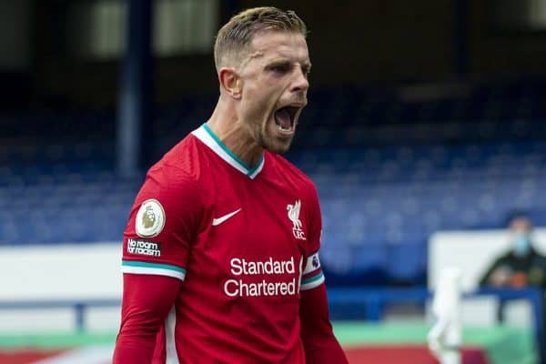 LIVERPOOL, ENGLAND - Saturday, October 17, 2020: Liverpool’s captain Jordan Henderson celebrates scoring an injury time winning goal, only for it to to be ruled out for offside, following a VAR review during the FA Premier League match between Everton FC and Liverpool FC, the 237th Merseyside Derby, at Goodison Park. The game was played behind closed doors due to the UK government’s social distancing laws during the Coronavirus COVID-19 Pandemic. The game ended in a 2-2 draw. (Pic by David Rawcliffe/Propaganda)