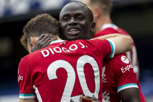 LIVERPOOL, ENGLAND - Saturday, October 17, 2020: Liverpool’s Sadio Mané (R) celebrates with Diogo Jota only for Liverpool's winning goal to be disallowed for offside following a VAR review during the FA Premier League match between Everton FC and Liverpool FC, the 237th Merseyside Derby, at Goodison Park. The game was played behind closed doors due to the UK government’s social distancing laws during the Coronavirus COVID-19 Pandemic. The game ended in a 2-2 draw. (Pic by David Rawcliffe/Propaganda)