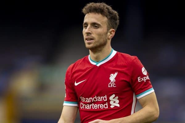 LIVERPOOL, ENGLAND - Saturday, October 17, 2020: Liverpool’s Diogo Jota during the FA Premier League match between Everton FC and Liverpool FC, the 237th Merseyside Derby, at Goodison Park. The game was played behind closed doors due to the UK government’s social distancing laws during the Coronavirus COVID-19 Pandemic. The game ended in a 2-2 draw. (Pic by David Rawcliffe/Propaganda)