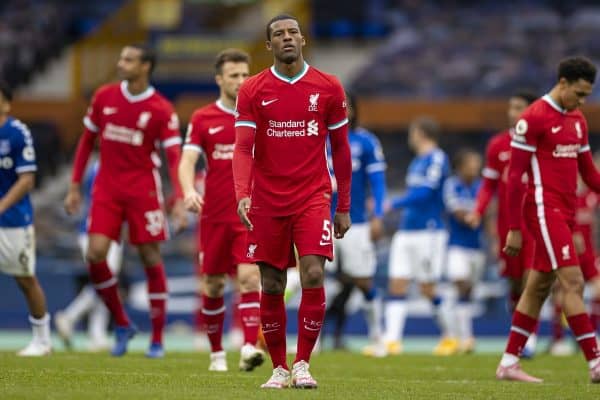 LIVERPOOL, ENGLAND - Saturday, October 17, 2020: Liverpool’s Georginio Wijnaldum walks back to the dressing room at full time after an injury time winning goal was disallowed following a VAR review during the FA Premier League match between Everton FC and Liverpool FC, the 237th Merseyside Derby, at Goodison Park. The game was played behind closed doors due to the UK government’s social distancing laws during the Coronavirus COVID-19 Pandemic. The game ended in a 2-2 draw. (Pic by David Rawcliffe/Propaganda)