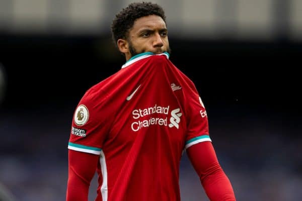 LIVERPOOL, ENGLAND - Saturday, October 17, 2020: Liverpool’s Joe Gomez walks back to the dressing room at full time after an injury time winning goal was disallowed following a VAR review during the FA Premier League match between Everton FC and Liverpool FC, the 237th Merseyside Derby, at Goodison Park. The game was played behind closed doors due to the UK government’s social distancing laws during the Coronavirus COVID-19 Pandemic. The game ended in a 2-2 draw. (Pic by David Rawcliffe/Propaganda)