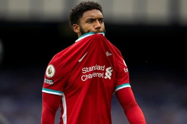 LIVERPOOL, ENGLAND - Saturday, October 17, 2020: Liverpool’s Joe Gomez walks back to the dressing room at full time after an injury time winning goal was disallowed following a VAR review during the FA Premier League match between Everton FC and Liverpool FC, the 237th Merseyside Derby, at Goodison Park. The game was played behind closed doors due to the UK government’s social distancing laws during the Coronavirus COVID-19 Pandemic. The game ended in a 2-2 draw. (Pic by David Rawcliffe/Propaganda)