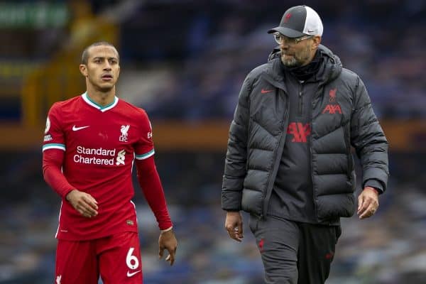 LIVERPOOL, ENGLAND - Saturday, October 17, 2020: Liverpool’s Thiago Alcantara (L) and manager Jürgen Klopp walk back to the dressing room at full time after an injury time winning goal was disallowed following a VAR review during the FA Premier League match between Everton FC and Liverpool FC, the 237th Merseyside Derby, at Goodison Park. The game was played behind closed doors due to the UK government’s social distancing laws during the Coronavirus COVID-19 Pandemic. The game ended in a 2-2 draw. (Pic by David Rawcliffe/Propaganda)