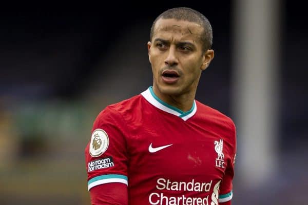 LIVERPOOL, ENGLAND - Saturday, October 17, 2020: Liverpool’s Thiago Alcantara walks back to the dressing room at full time after an injury time winning goal was disallowed following a VAR review during the FA Premier League match between Everton FC and Liverpool FC, the 237th Merseyside Derby, at Goodison Park. The game was played behind closed doors due to the UK government’s social distancing laws during the Coronavirus COVID-19 Pandemic. The game ended in a 2-2 draw. (Pic by David Rawcliffe/Propaganda)