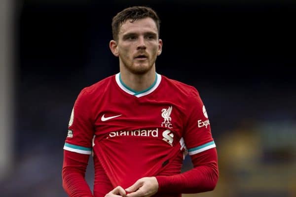 LIVERPOOL, ENGLAND - Saturday, October 17, 2020: Liverpool’s Andy Robertson walks back to the dressing room at full time after an injury time winning goal was disallowed following a VAR review during the FA Premier League match between Everton FC and Liverpool FC, the 237th Merseyside Derby, at Goodison Park. The game was played behind closed doors due to the UK government’s social distancing laws during the Coronavirus COVID-19 Pandemic. The game ended in a 2-2 draw. (Pic by David Rawcliffe/Propaganda)