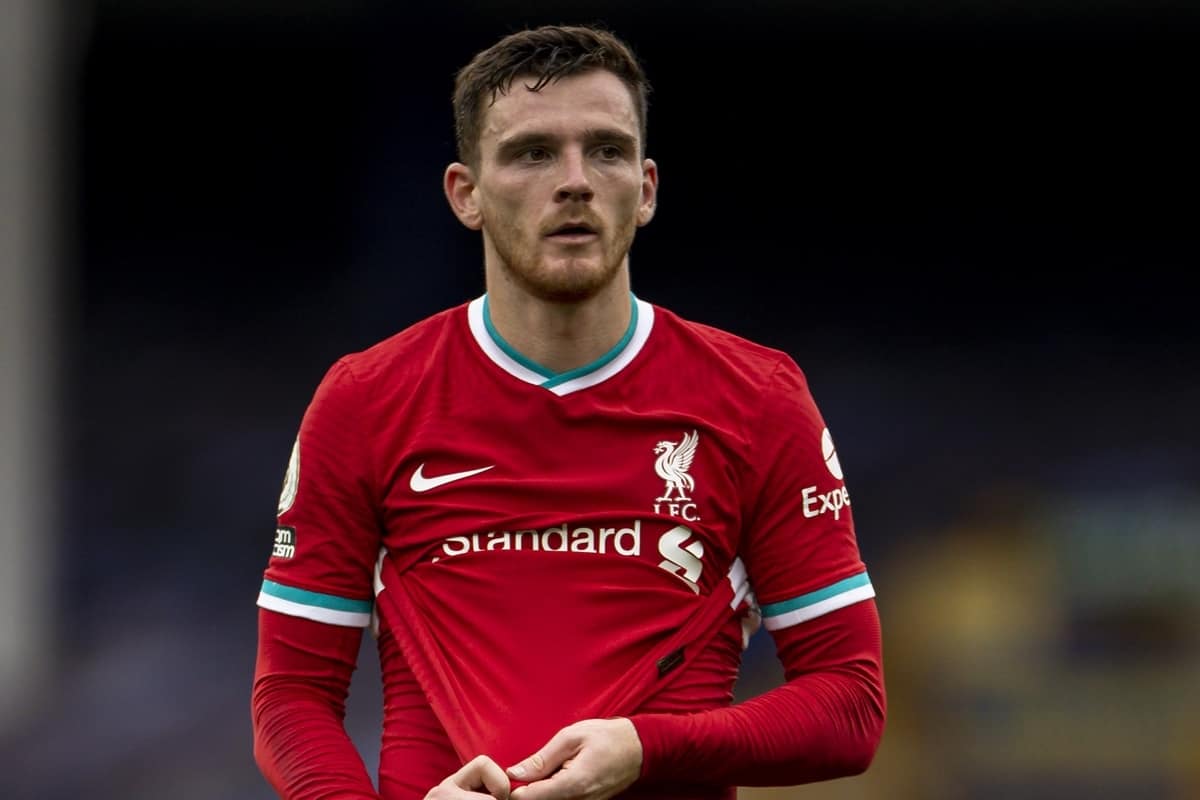 LIVERPOOL, ENGLAND - Saturday, October 17, 2020: Liverpool’s Andy Robertson walks back to the dressing room at full time after an injury time winning goal was disallowed following a VAR review during the FA Premier League match between Everton FC and Liverpool FC, the 237th Merseyside Derby, at Goodison Park. The game was played behind closed doors due to the UK government’s social distancing laws during the Coronavirus COVID-19 Pandemic. The game ended in a 2-2 draw. (Pic by David Rawcliffe/Propaganda)